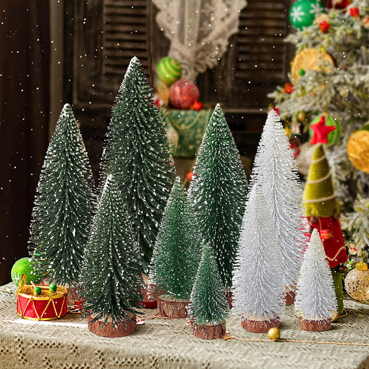 Ayieyill 9Pcs Mini Christmas Trees Christmas Decor Artificial Christmas Decorations with 4 Sizes, Christmas Tree Bottle Brush Trees Christmas Table Decorations (Pink+White)