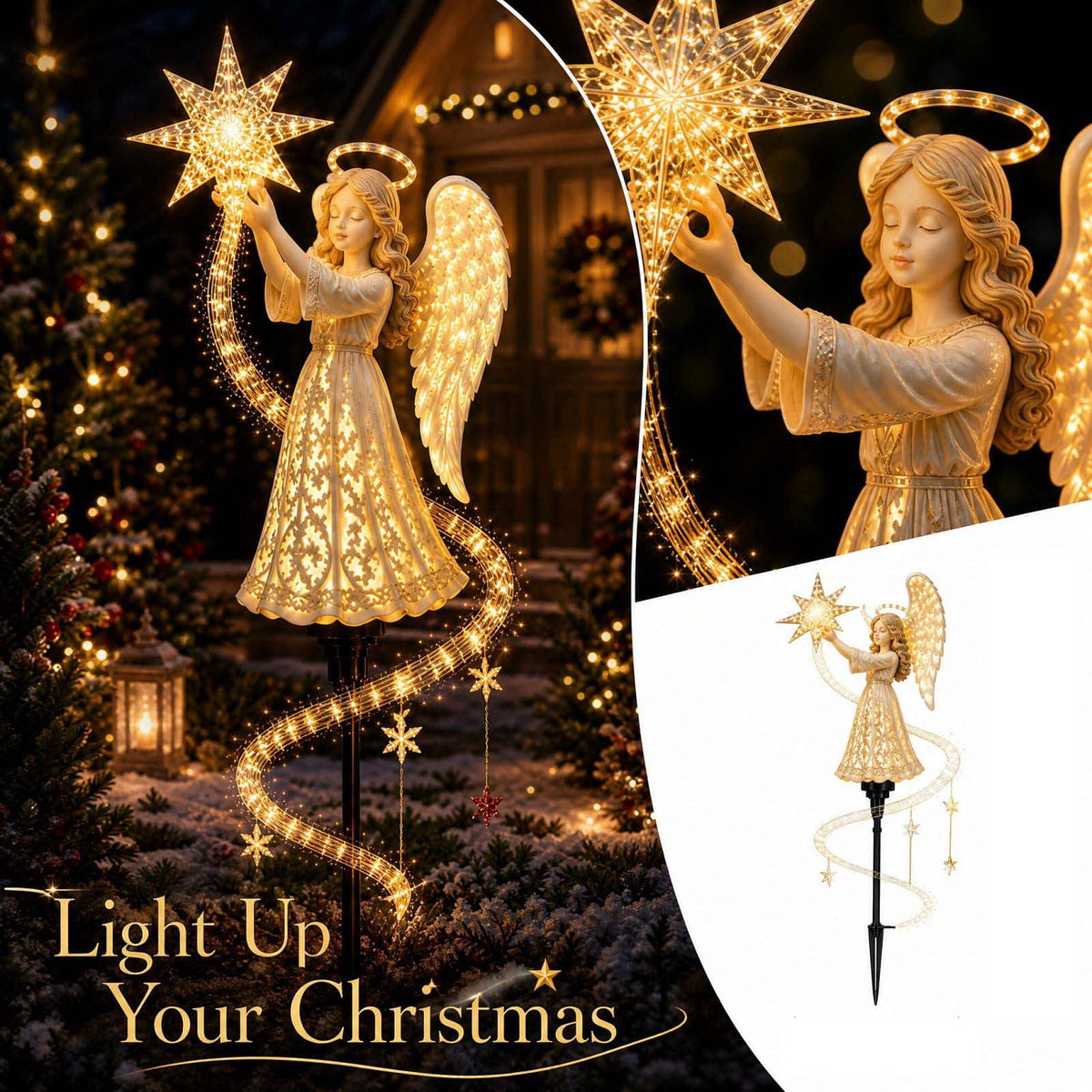 Christmas Reindeer Lighted Yard Stake, Bell and Snowflake Outdoor Decor for Lawn Garden Pathway Porch Holiday Display, 31.9 in