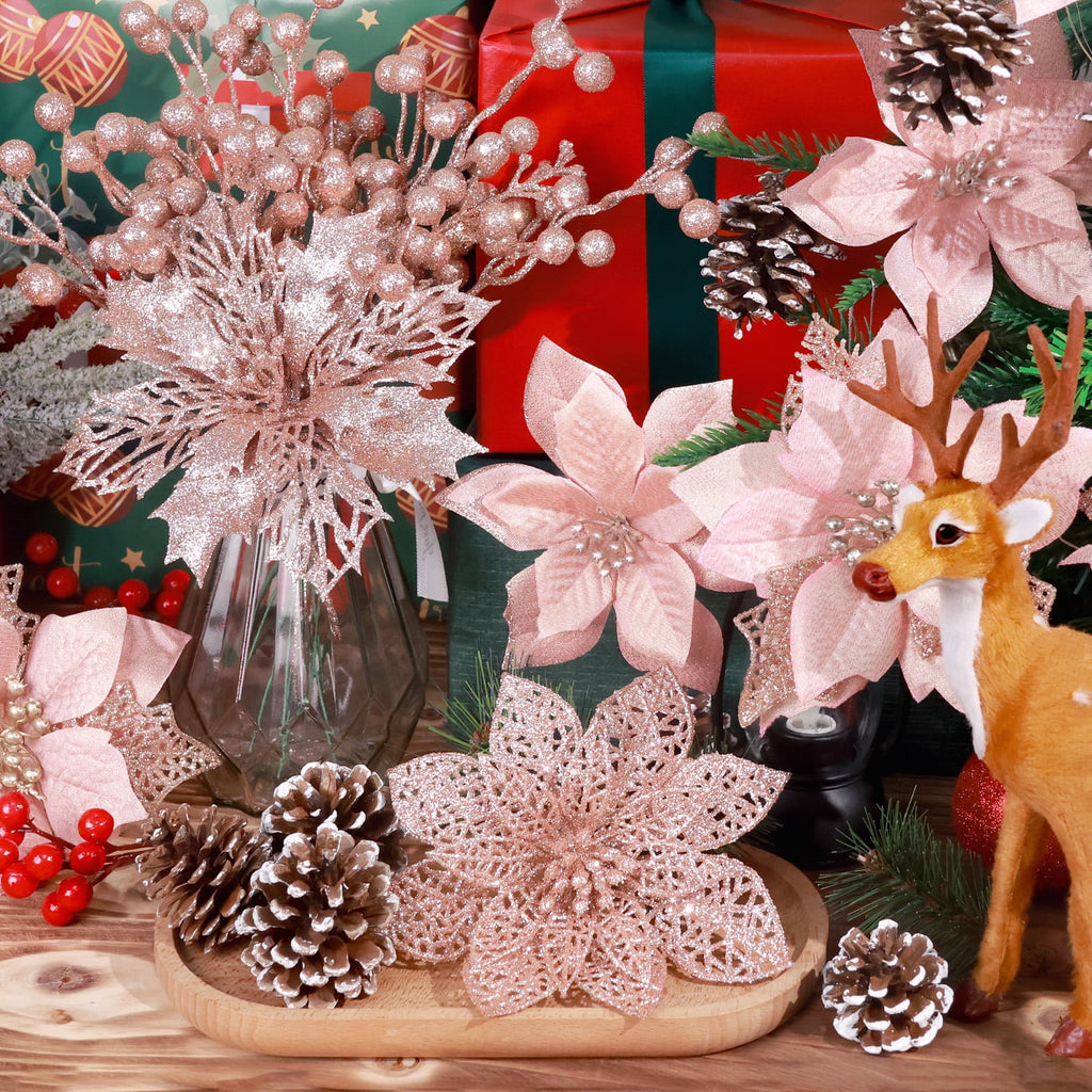 Ayieyill 56Pcs Poinsettia Christmas Flowers Decorations Christmas flower ornaments Artificial Glitter Berry Stems Christmas Pine Cones Christmas Tree Ornaments Set Christmas Tree Decorations (Pink)