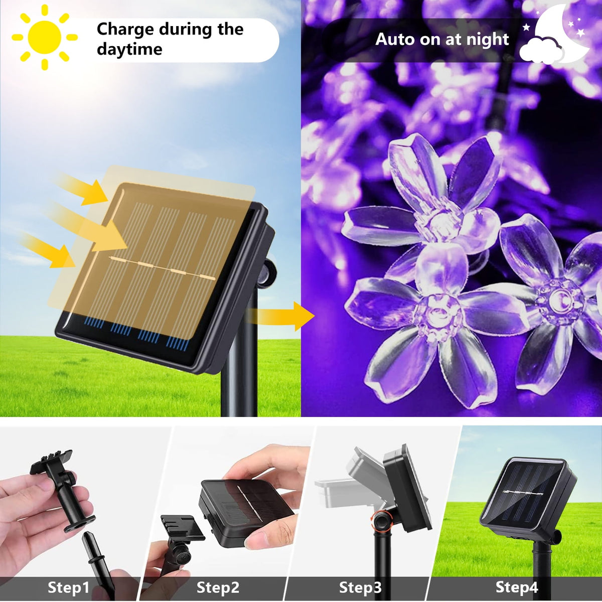 Rirool Cherry Blossom Solar String Lights Outdoor, 23FT 50 LED Flower Fairy Lights with 2 Lighting Modes, IP65 Waterproof Auto On/Off for Garden Patio Wedding Christmas Decor, Multicolor