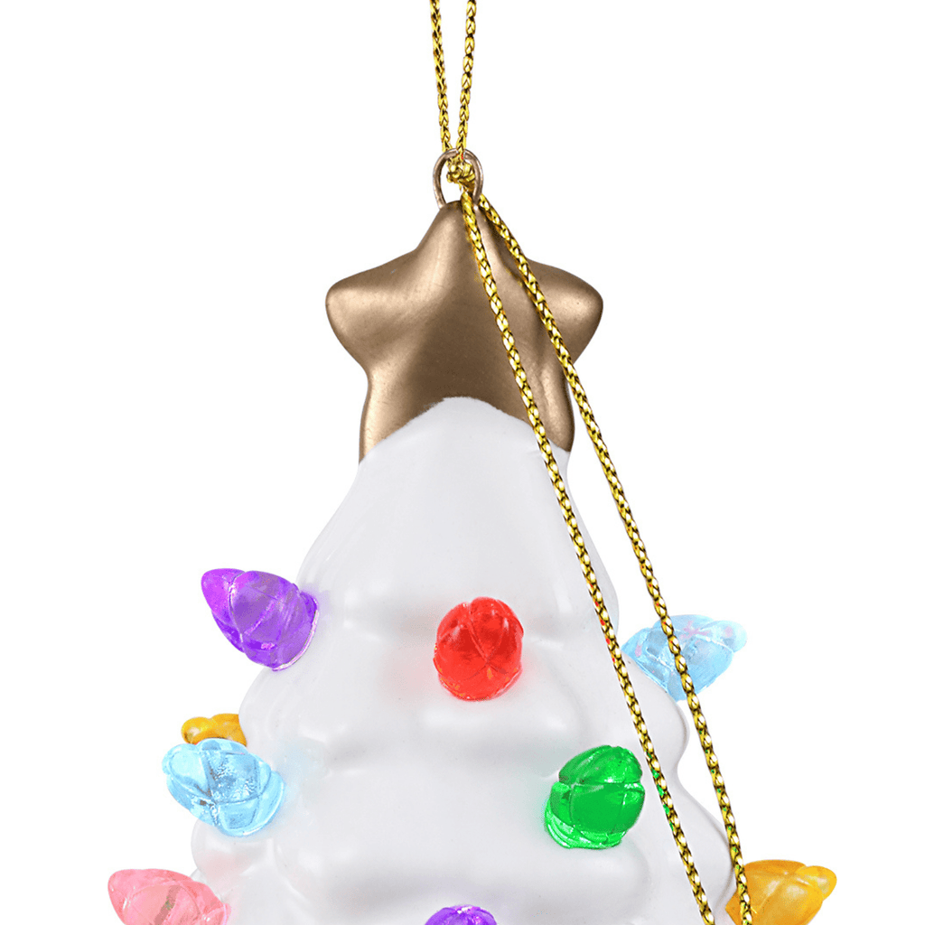 Mr. Christmas 4" Nostalgic Ceramic Lit Tree Ornament Decoration, White with Red & Green Bulbs