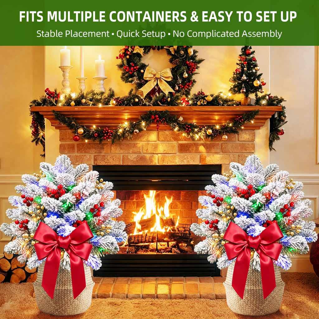 2PK Prelit Outdoor Christmas Trees Christmas Urn Pot Filler Snow Flocked Lighted Christmas Trees with 100 LED Warm White/Colorful Lights Timer 8 Modes for Front Door Porch Christmas Decoration