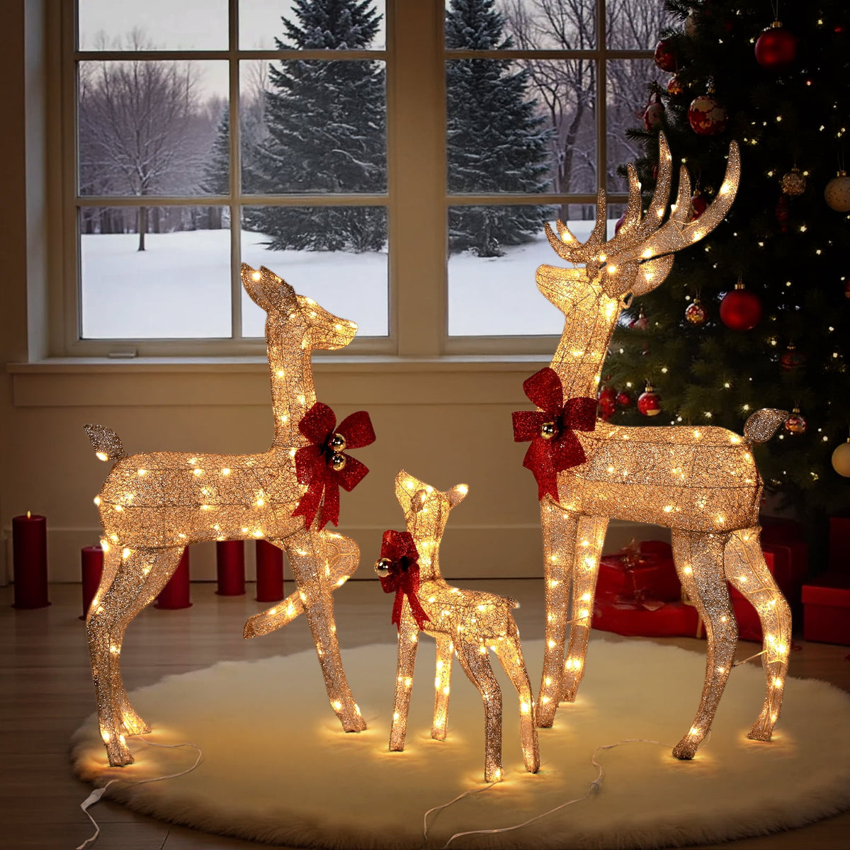 Ktaxon Christmas Outdoor Decor 4FT Lighted Reindeer Set 3Pcs Yard Deer Decorations LED Lights - Gold