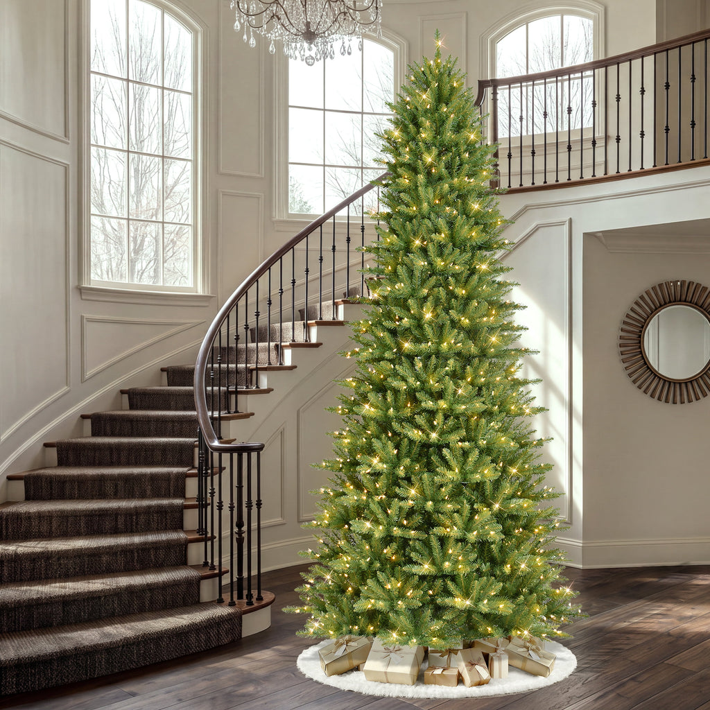 Puleo International Pre-Lit 12 ft Slim Fraser Fir Artificial Christmas Tree with 1,200 Clear Lights