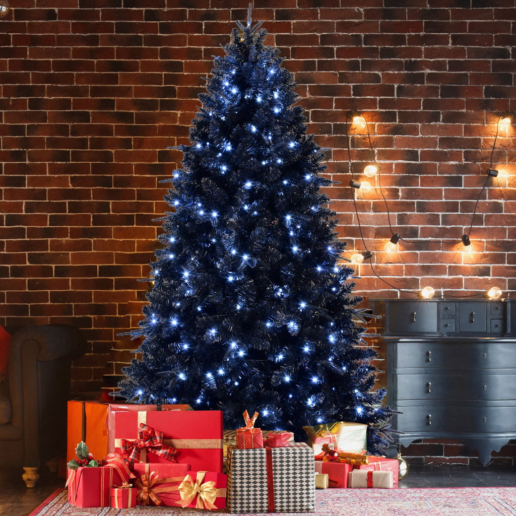 Artificial 7.5ft Black LED-lit Christmas Tree with 2156PE/PVC Mixed Branch Tips,Hinged Premium & Foldable Base for Indoor Holiday Decorating