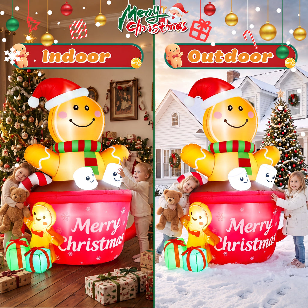 Yexmas 6FT Christmas Inflatable Gingerbread Man in Hot Cocoa Mug Blow Up Decor with LED Lights, Candy Cane, Marshmallows and Gift Box, for Yard, Lawn,Garden