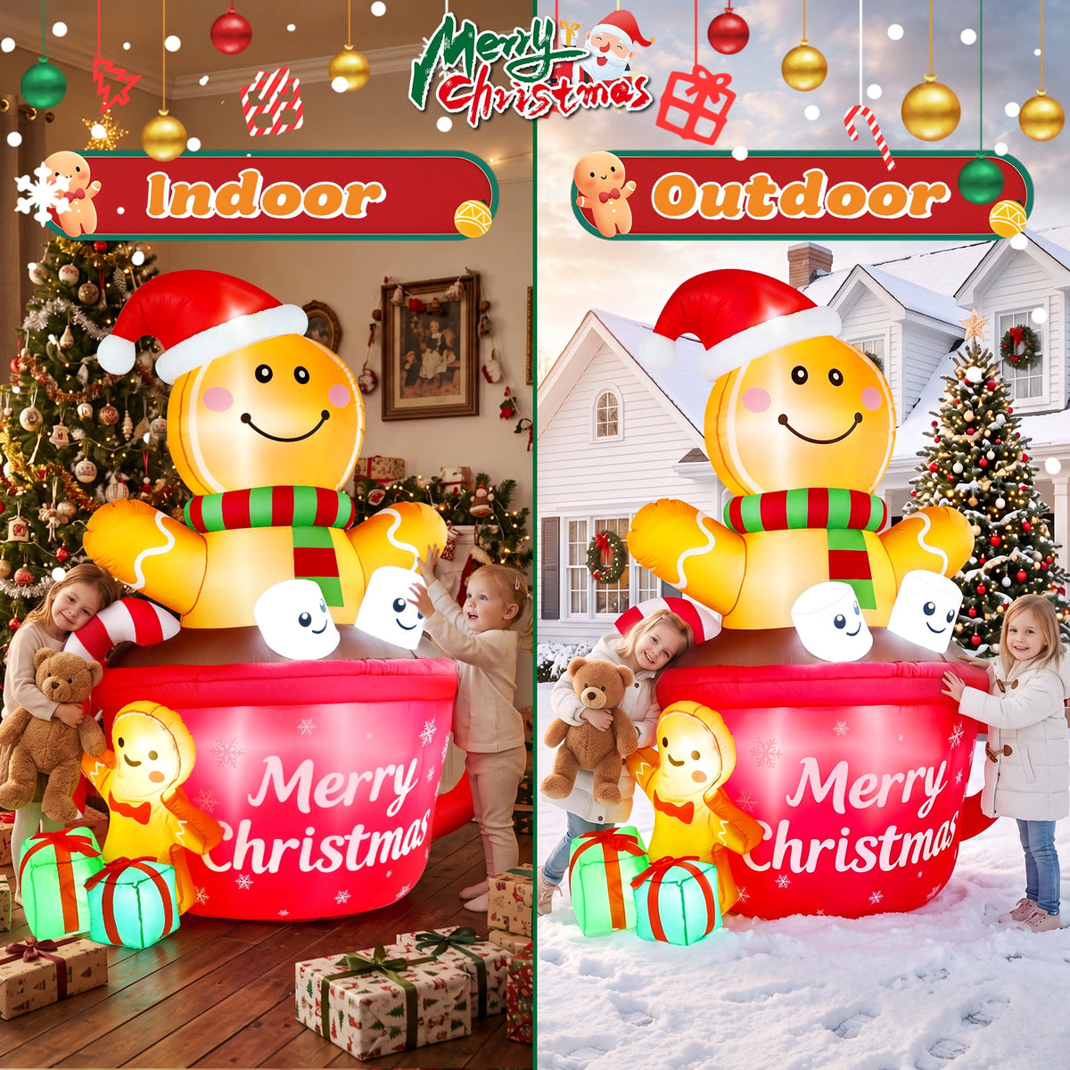 Yexmas 6FT Christmas Inflatable Gingerbread Man in Hot Cocoa Mug Blow Up Decor with LED Lights, Candy Cane, Marshmallows and Gift Box, for Yard, Lawn,Garden