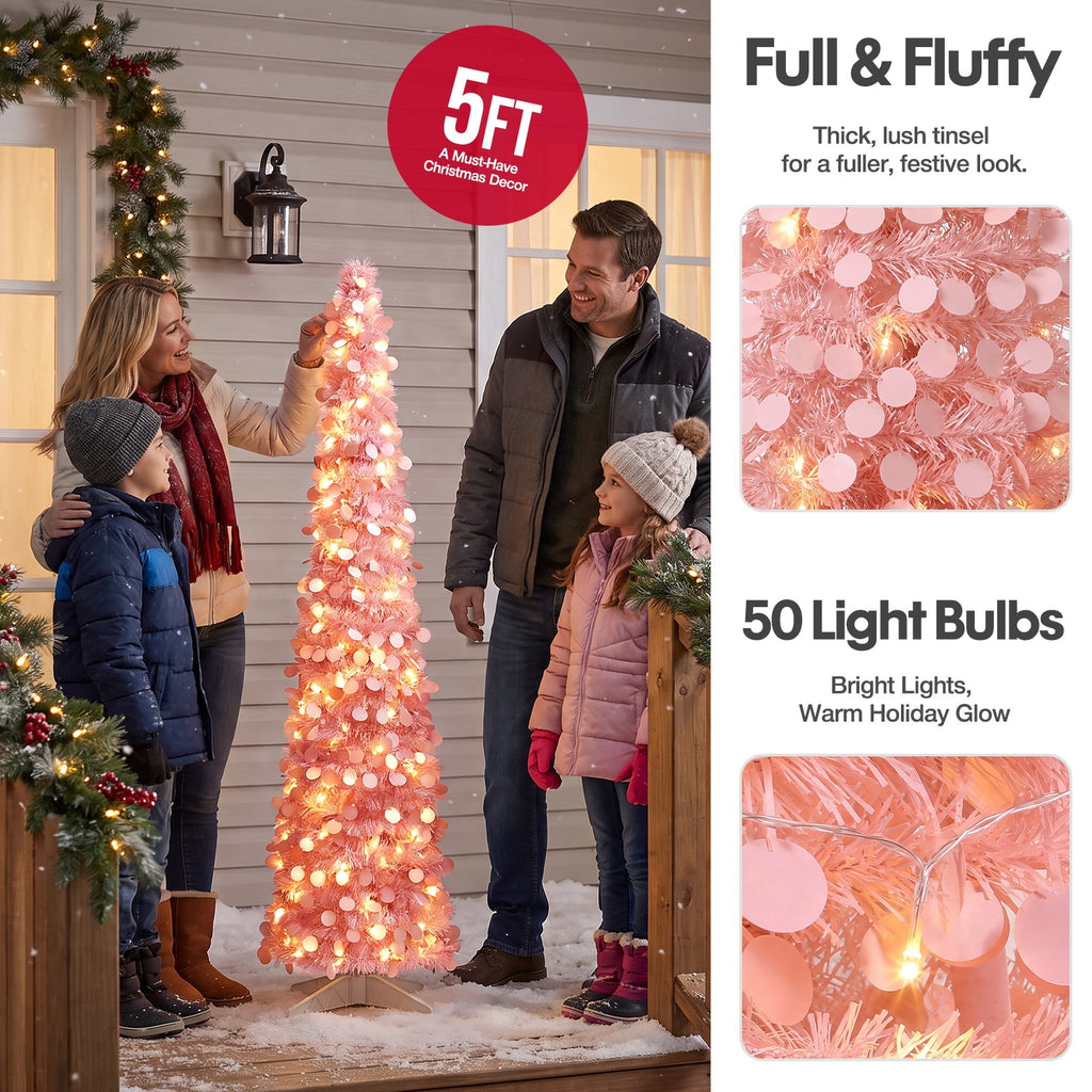 Ayieyill 5ft Pencil Christmas Tree, Collapsible Xmas Tree with Lights, Pop Up Tinsel Tree for Christmas Decorations Indoor, Pink White