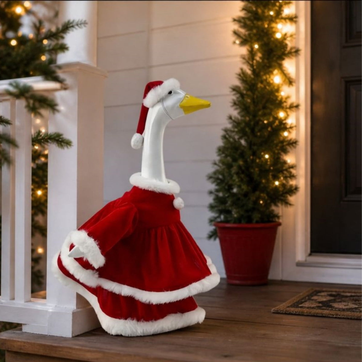 AZXY Thanksgiving Porch Goose Outfit, 23 Inch Lawn Goose Costume with Pilgrim Hat & Pumpkin Turkey Print Dress, Goose Clothes for Cement Plastic Goose Statue, Outdoor Yard Patio Fall Garden Decor