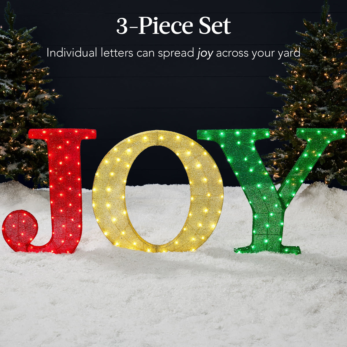 Best Choice Products 32in 3-Piece 3D Lighted Christmas JOY Yard Decoration w/ 150 LED Lights, Stakes - Red/Gold/Green