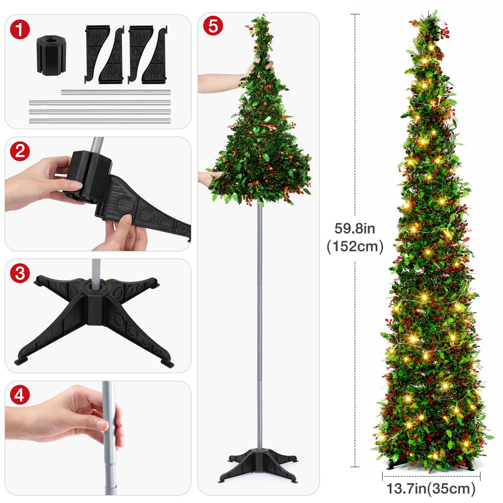 Ayieyill 5ft Pop up Christmas Tree,Color Artificial Pencil Tinsel Xmas Trees for Christmas Indoor Decorations, Collapsible Christmas Tree (Silver)