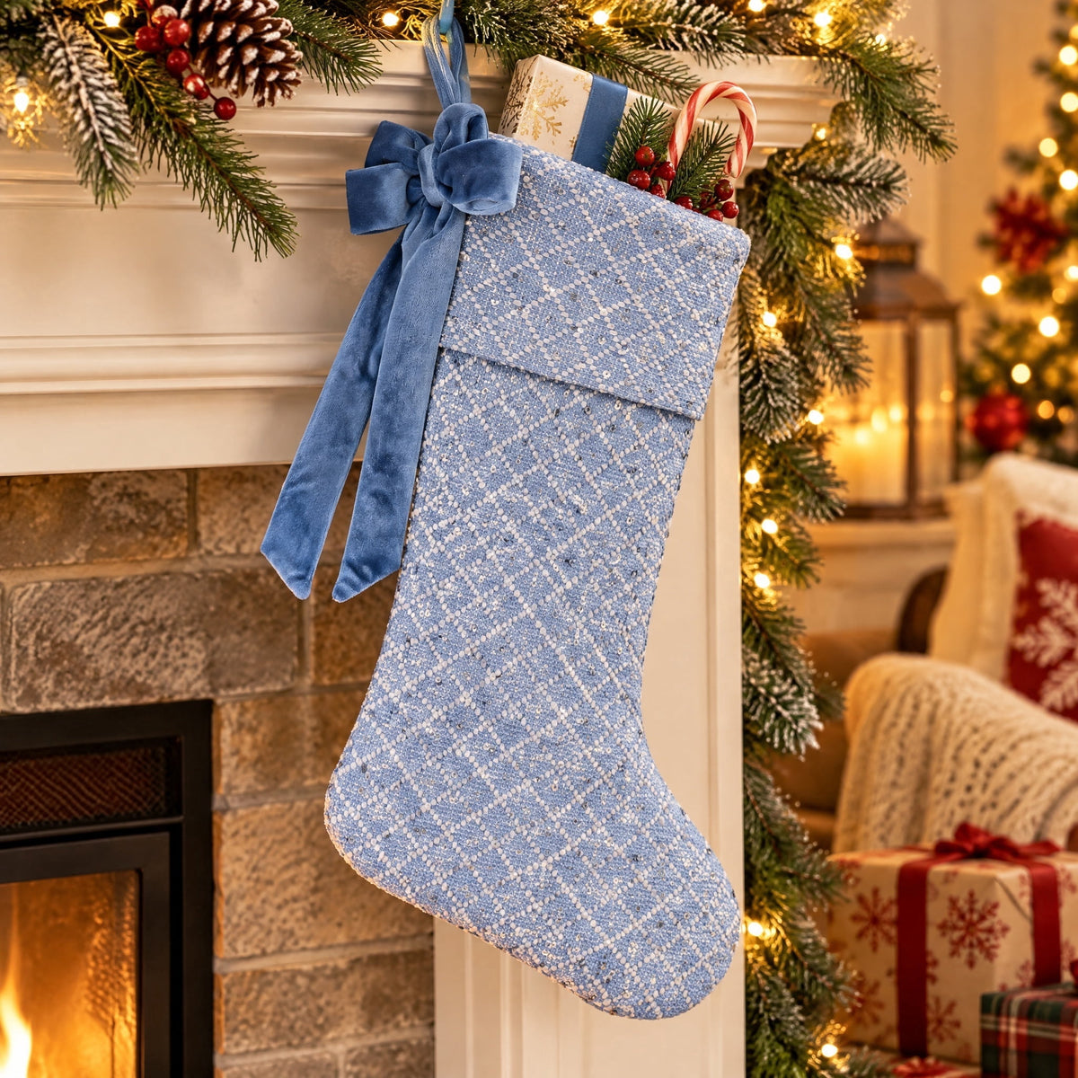 Sequin Christmas Stocking, Blue, 18", by Holiday Time