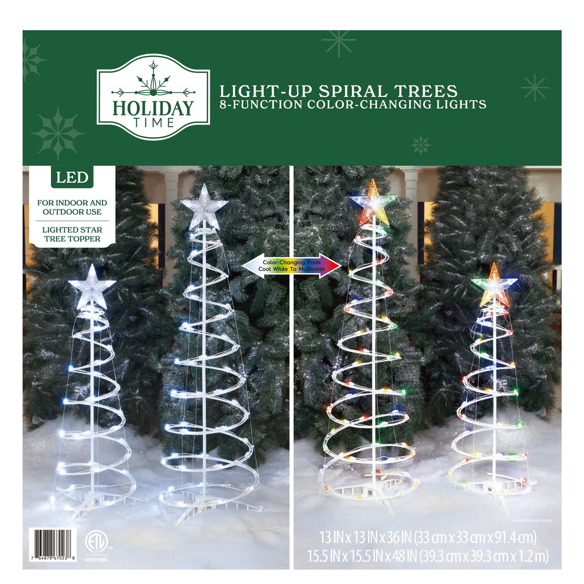 Indoor/Outdoor LED 8-Function Color-Changing Spiral Christmas Trees, Cool White to Multicolor, Set of 2, by Holiday Time