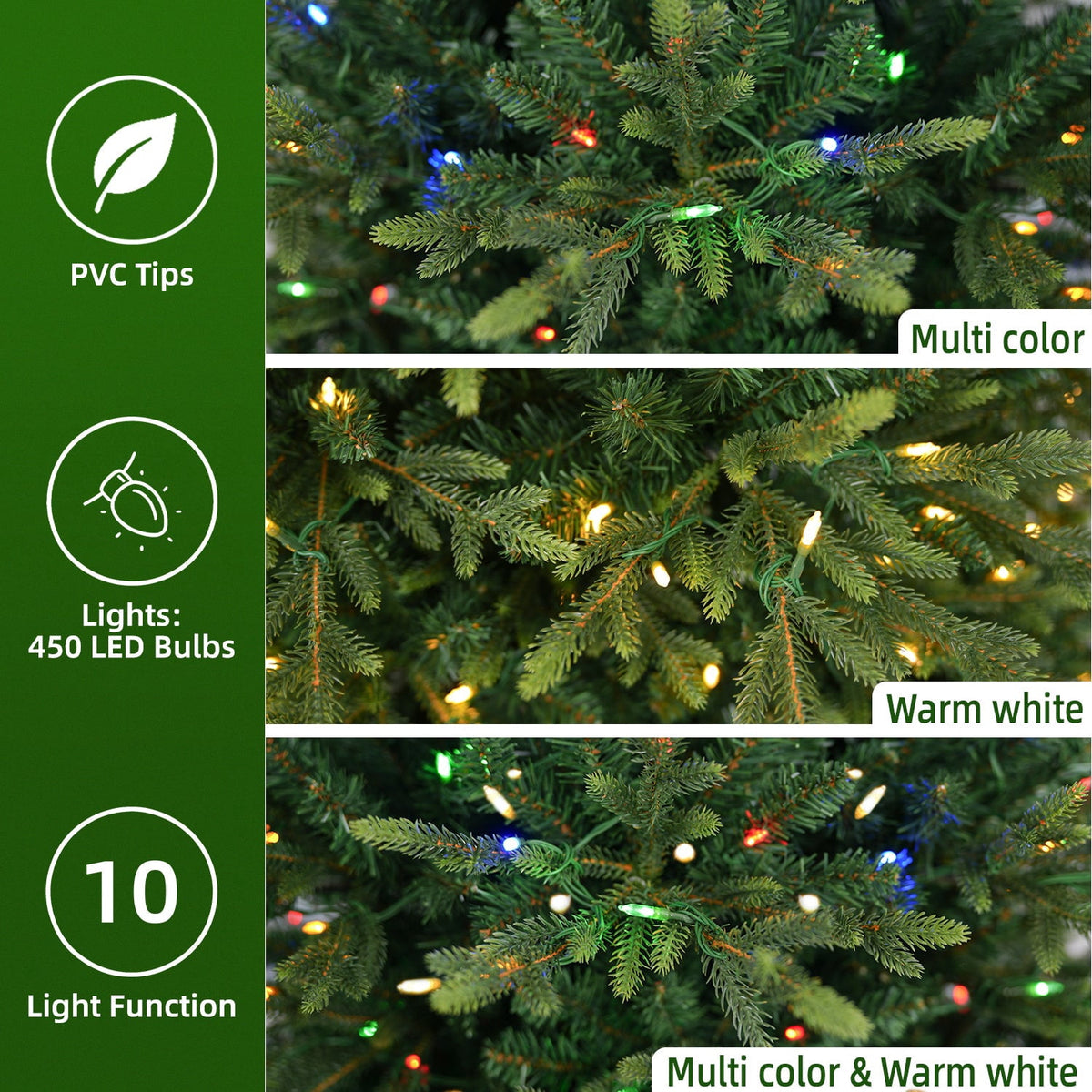 VIVATREES 7.5ft Pre-lit Artificial Christmas Tree Frasier Fir w/ 3325 PVC PE Hinged Branch Tips 450 Multi Color LED Lights Foldable Base