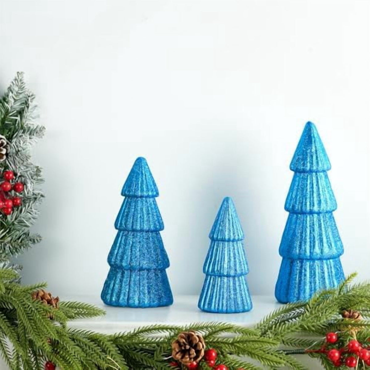 3Pcs Artificial Christmas Tree Decorations Glittering Foam Tabletop Xmas Tree Modern Christmas Centerpiece Decor for for Table Mantel Home Holiday Party Decor(Blue)
