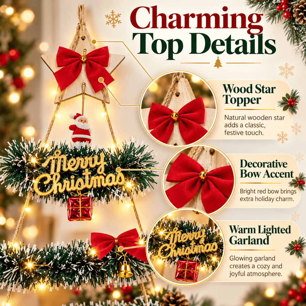 DIY Wall Mounted Christmas Trees with LED Light, Wall Hanging Christmas Tree, Space-Saving Christmas Decor Ideas for Small Space Home Holiday Decoration, 100x40cm
