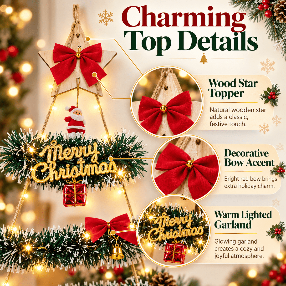 DIY Wall Mounted Christmas Trees with LED Light, Wall Hanging Christmas Tree, Space-Saving Christmas Decor Ideas for Small Space Home Holiday Decoration, 100x40cm