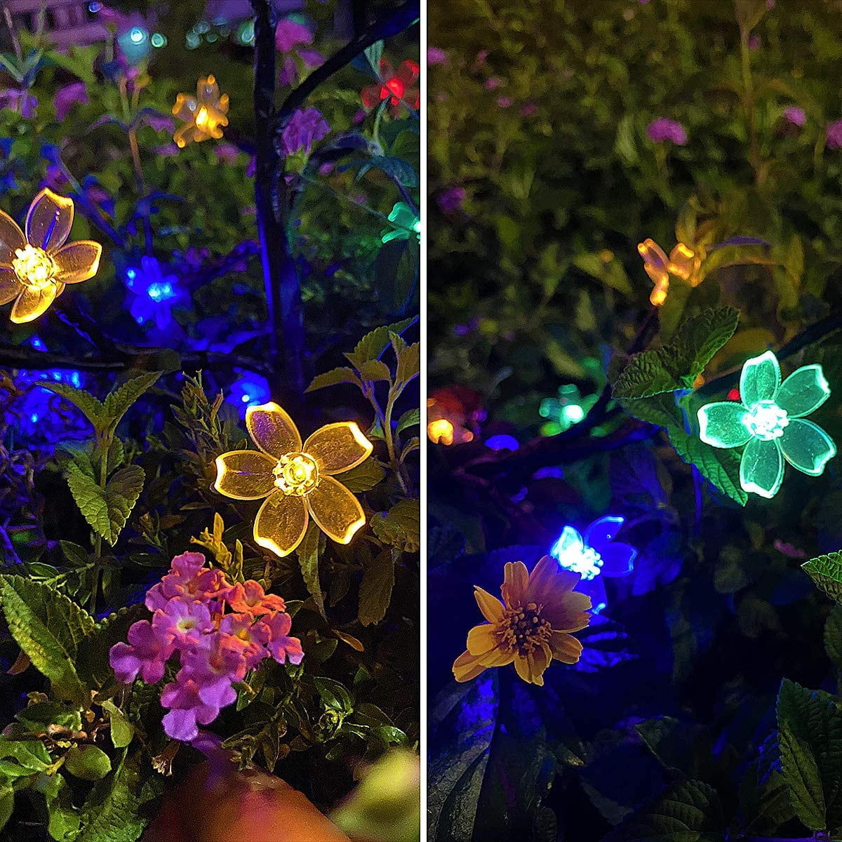 QiShi 2 Pack Solar Fairy Lights Waterproof Multi-Color Solar Powered Garden Lights, Solar Flower Lights with 20 Cherry Blossom, Bigger Solar Panel for Pathway Patio Yard Christmas Decor