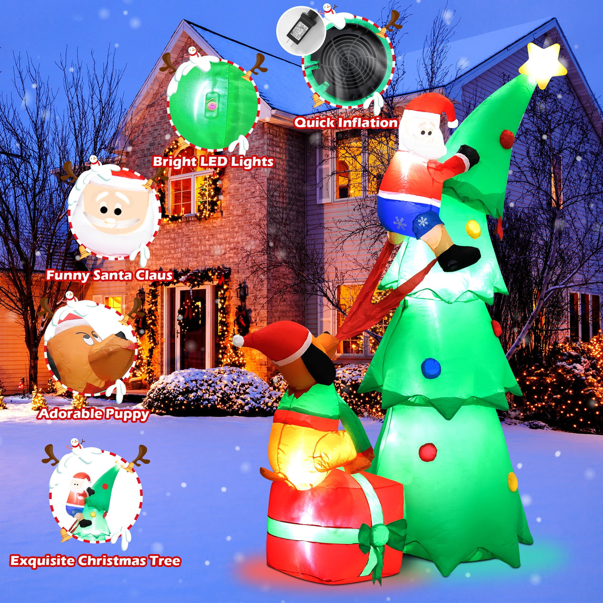 Yexmas 7.2FT Large Outdoor Inflatable Christmas Tree with Santa Claus and Dog,Built-in LED Lights,Fun Blow Up Xmas Decor Suitable for Yard,Garden,Lawn