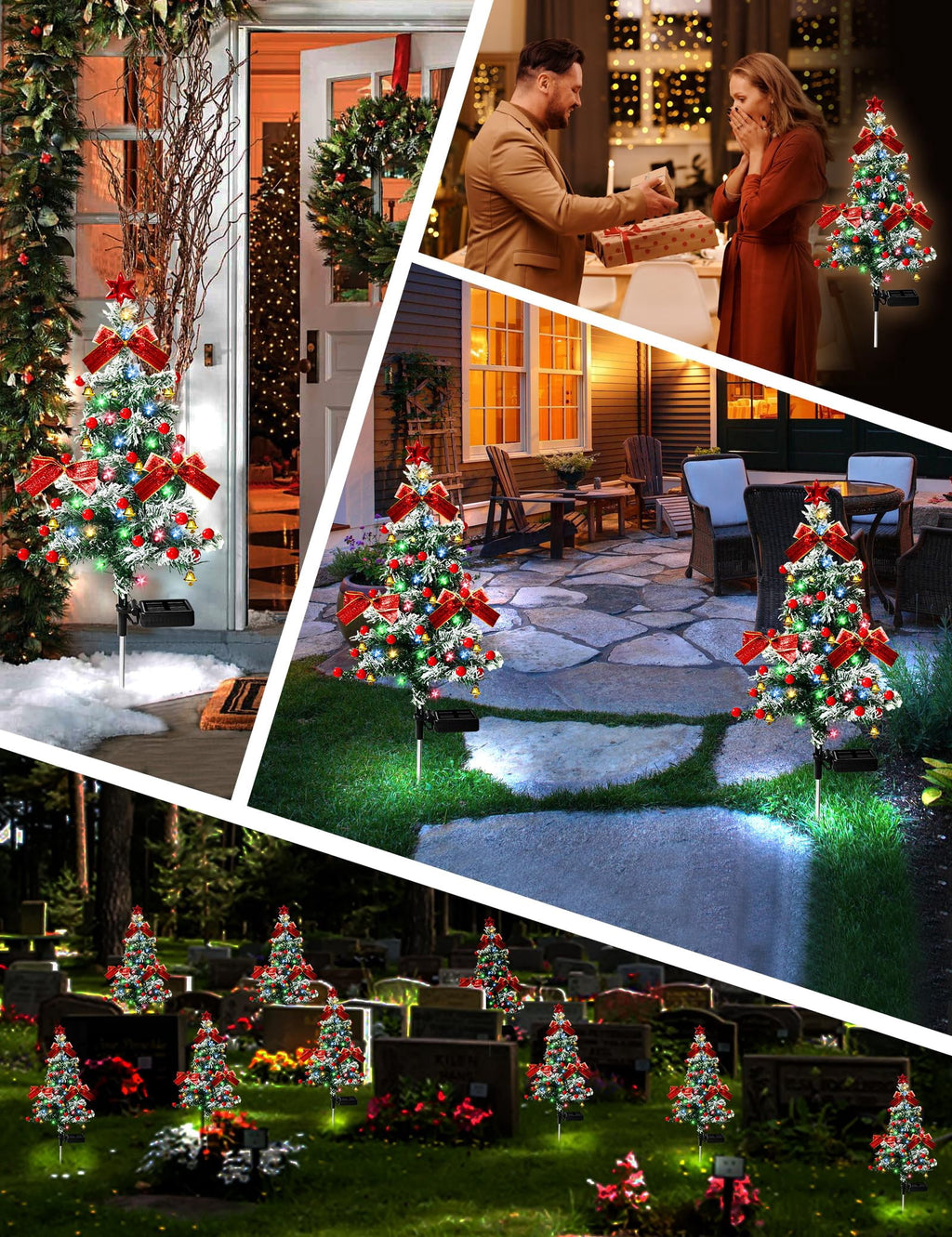 COCOBELA 2PCS Solar Christmas Trees Lights Outdoor Decor Waterproof, 40LED Small Metal Xmas Tree Pathway Lights, Garden Stake Lights Yard Decor with Snow 2 Modes for Path Lawn Patio
