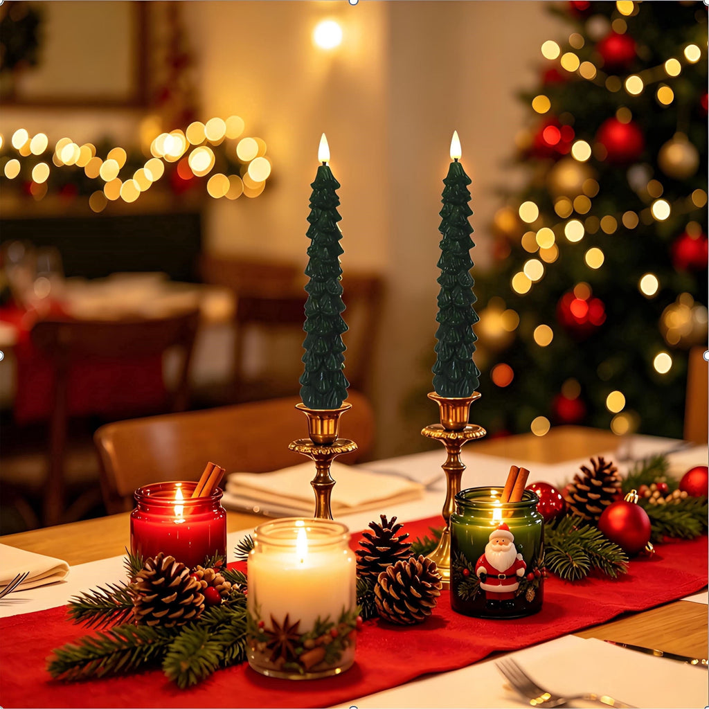 Indoor Battery-Operated LED Plastic Flameless Christmas Tree Taper Candles, Green, 9.5", 2 Count, by Holiday Time