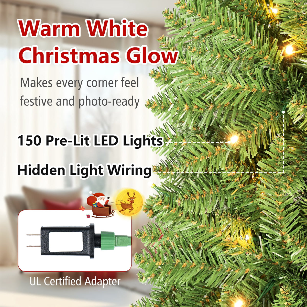 Costway 6Ft Pre-lit Artificial Pencil Christmas Tree Hinged Fir PVC Tree with 250 LED Lights