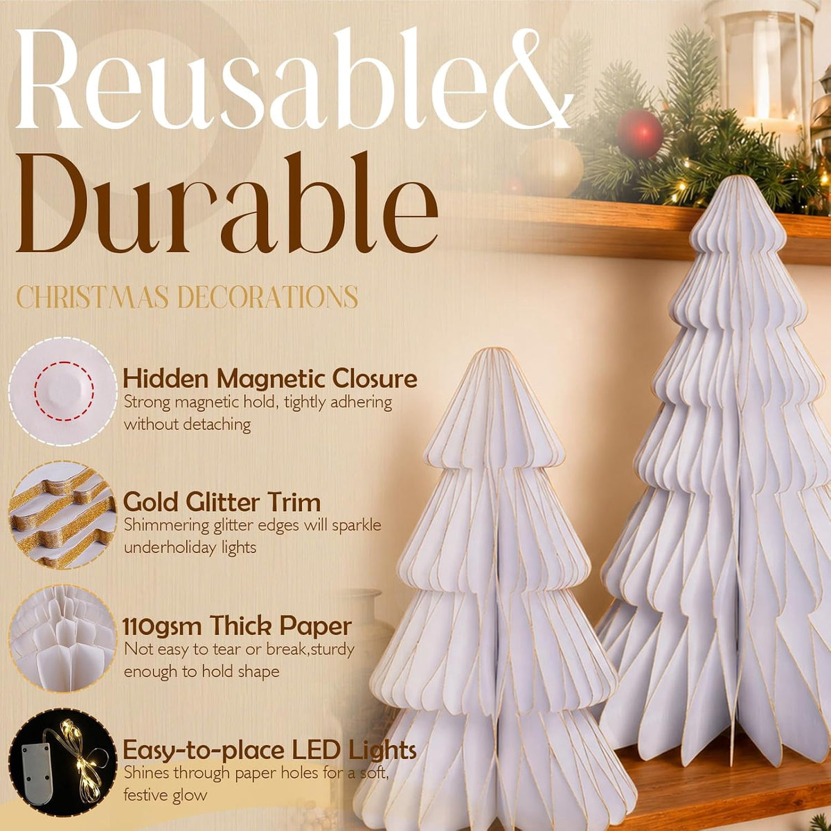 5 Pack Honeycomb Paper Christmas Trees, 3D Christmas Table Centerpieces for Mantel Tabletop Winter Home Decor