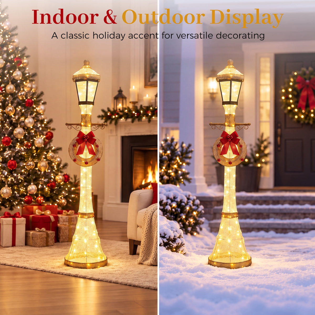 FOOWIN 6FT Christmas Lamppost Set of 2, Outdoor Christmas Lamp Post Decoration with 120 LED Lights, Holiday Porch Lamp Post Decor, Gold