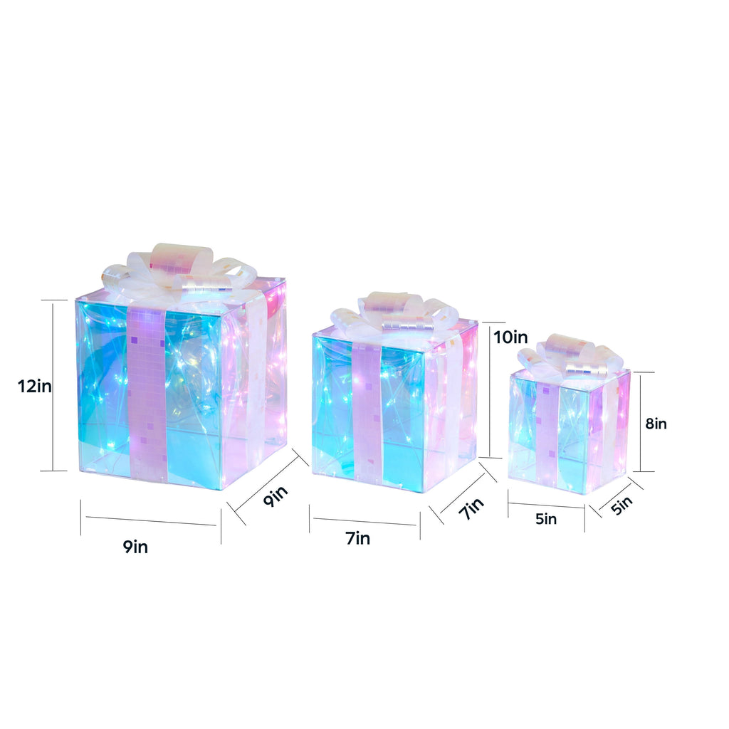 Indoor/Outdoor Light-Up Prismatic Gift Boxes Christmas Decorations with 80 LED Lights, Cool White, Set of 3, by Holiday Time