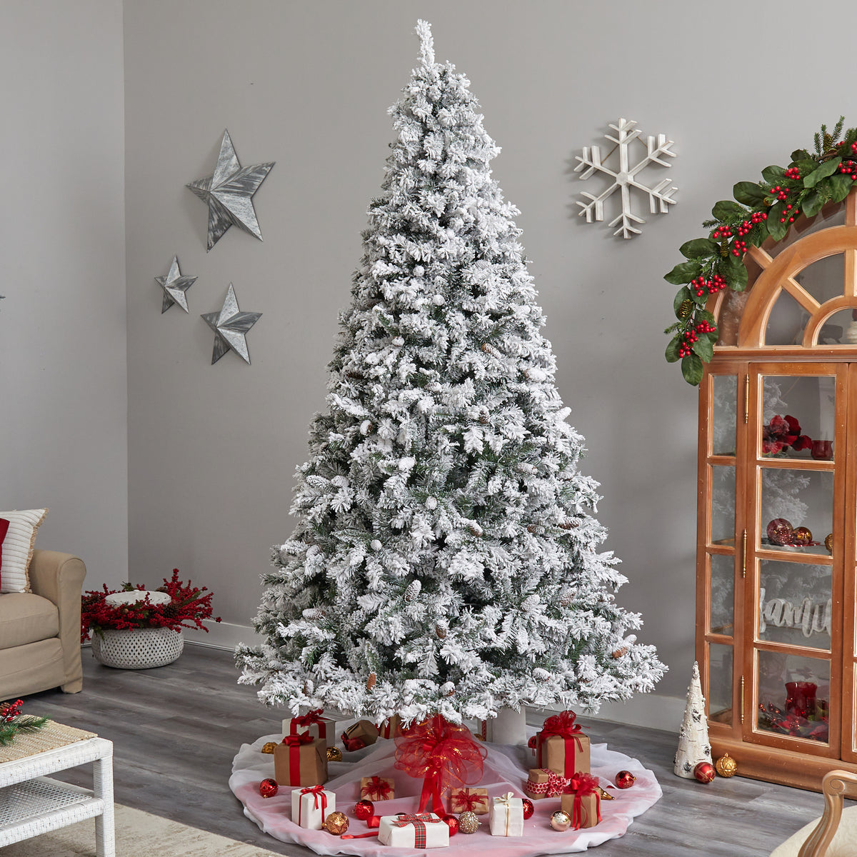 Nearly Natural River Mountain Clear Prelit LED Green Flocked Pine Christmas Tree, with Pinecones 9'