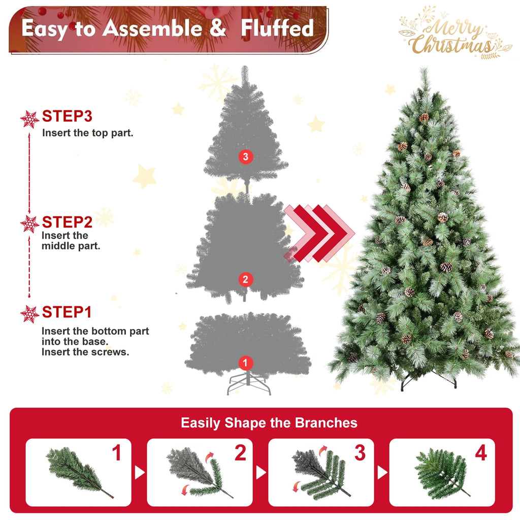8FT PVC Artificial Christmas Tree White Needles Pine Cones Decor Premium Xmas Tree with 1858 Branch Tips Easy Assemble and Foldable Holiday Xmas Ornaments with Stand for Home Office Party Decoration