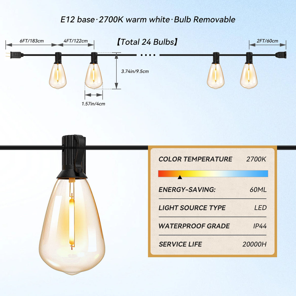 DAYBETTER 100ft Outdoor String Lights, with 24 Edison Vintage Shatterproof Bulbs, ST38 Waterproof Hanging Lights, Connectable and Dimmable Lights for Yard Patio