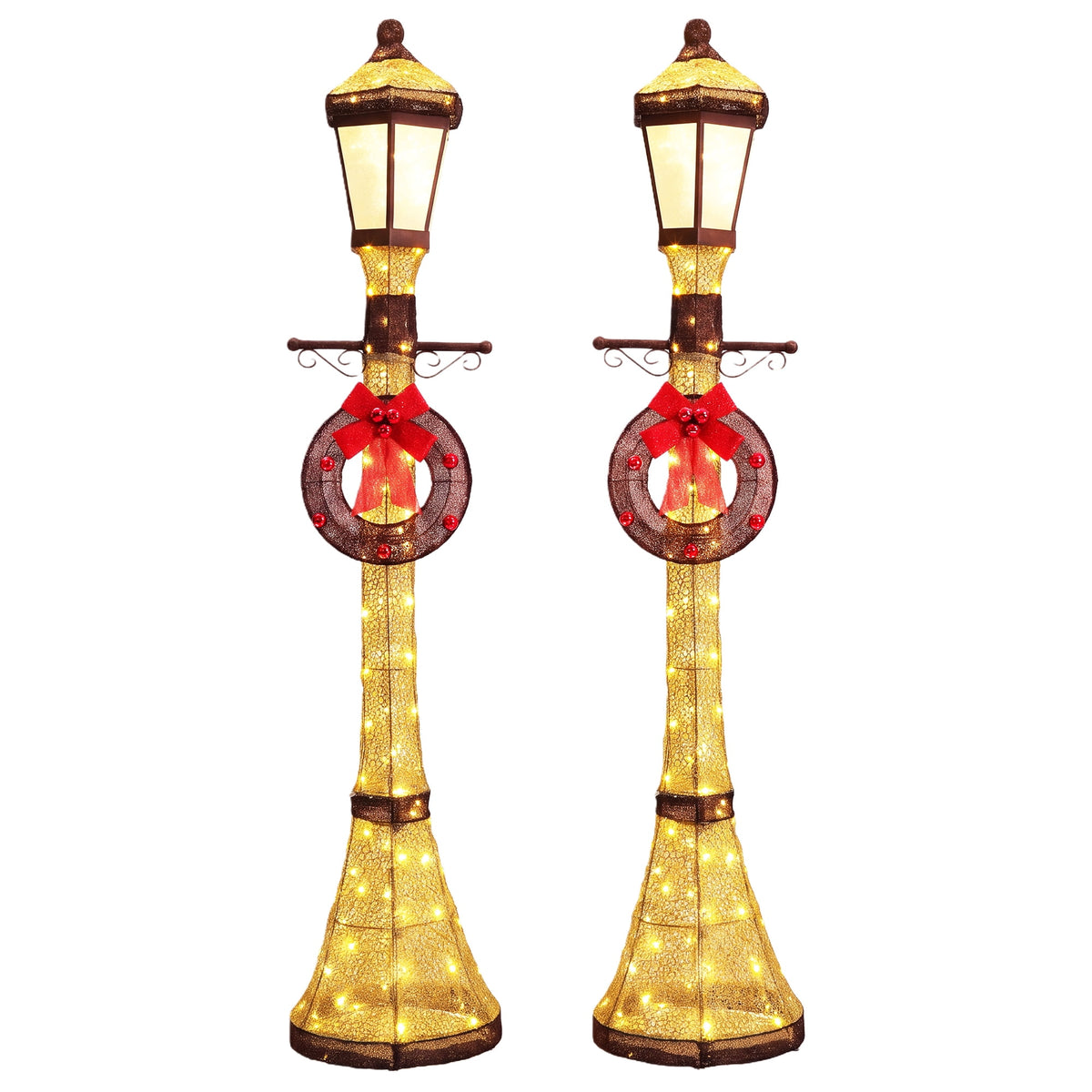 FOOWIN 6FT Christmas Lamppost Set of 2, Outdoor Christmas Lamp Post Decoration with 120 LED Lights, Holiday Porch Lamp Post Decor, Gold