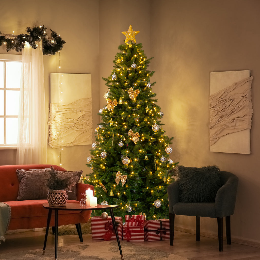 UBesGoo 7.5ft DIY Christmas Tree, Hinged Artificial Pine with 400 Warm LEDs & Golden Ornaments, Includes Tree Skirt, Green