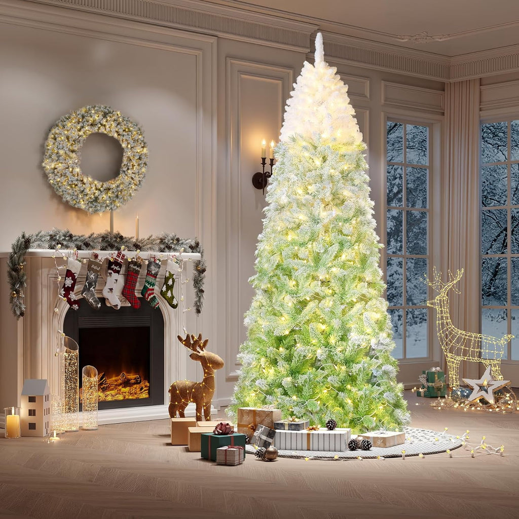 4.5/6/7.5/9 ft Flocked Pencil Christmas Tree with 100 Lights, Pre Lit Tall Skinny Christmas Tree with PVC Branch Tips, Premium Hinged Xmas Tree with Metal Base, Slim Artificial Christmas Tree