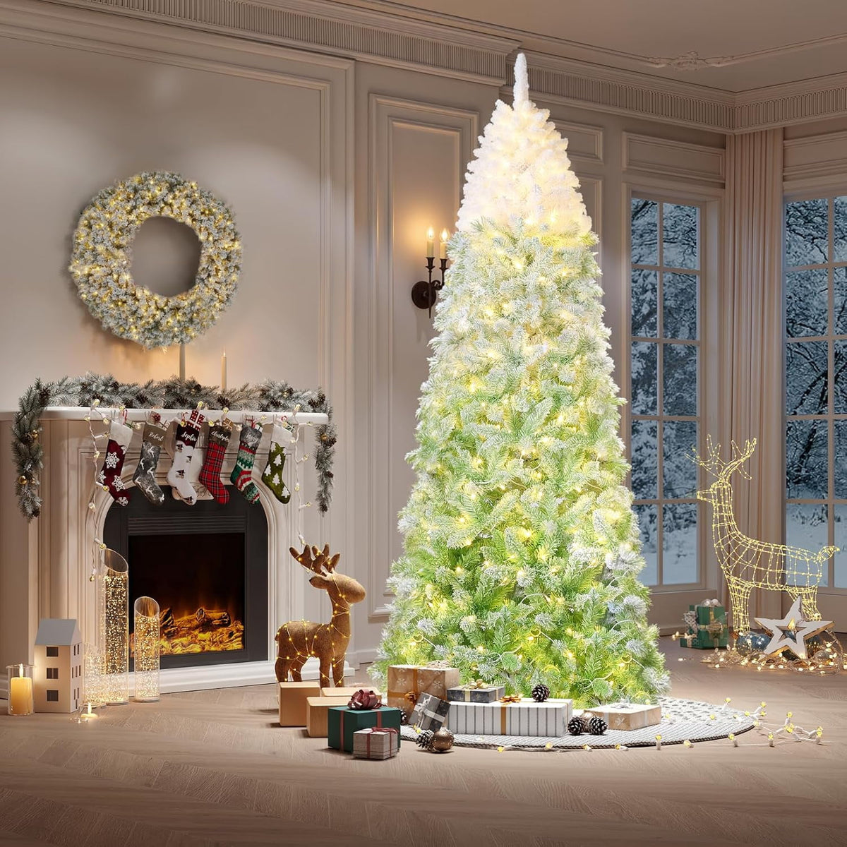 4.5/6/7.5/9 ft Flocked Pencil Christmas Tree with 100 Lights, Pre Lit Tall Skinny Christmas Tree with PVC Branch Tips, Premium Hinged Xmas Tree with Metal Base, Slim Artificial Christmas Tree