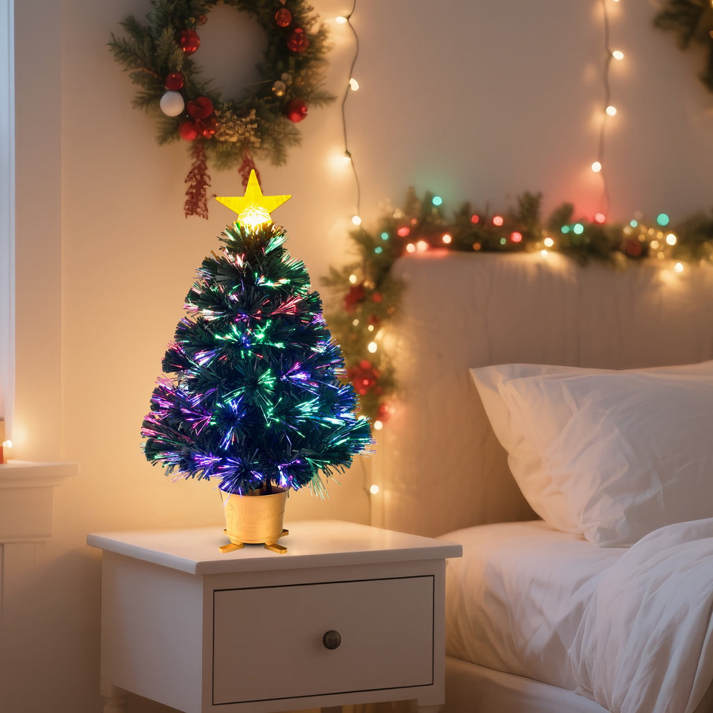 YUETJIN 24inch Pre-Lit Mini Fiber Optic Tabletop Artificial Christmas Tree，Small Xmas Tree with Golden Stars Decorations