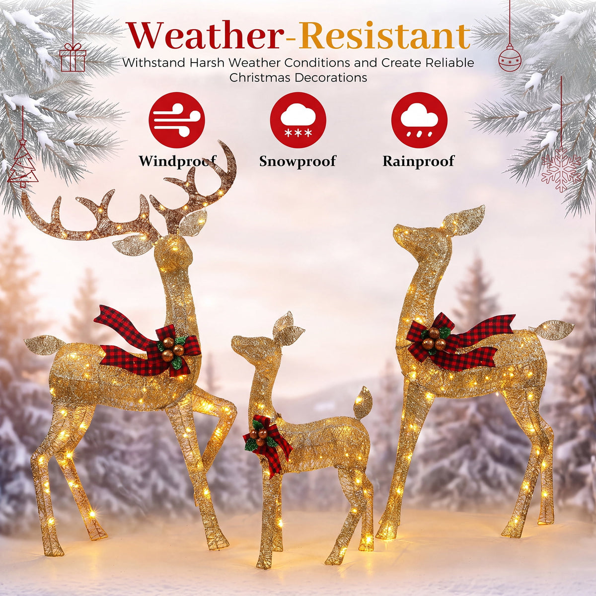 FOOWIN 3-Piece Large Christmas Deer Family, Lighted Outdoor Christmas Decoration, Champagne Gold
