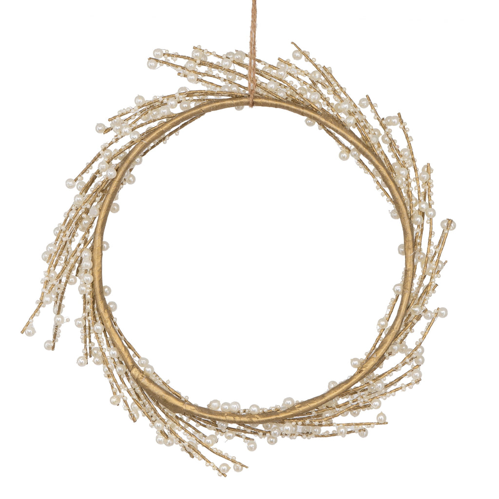My Texas House Pearl Beaded Christmas Wreath, White and Gold, 12"