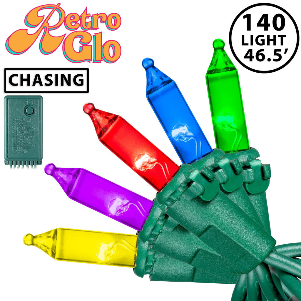 Novelty Lights RetroGlo® Clear LED Multi-Function 46.5ft Chasing Christmas Lights, 140 Bulbs on Green Wire, Vintage Style, 2700K Warm White Core