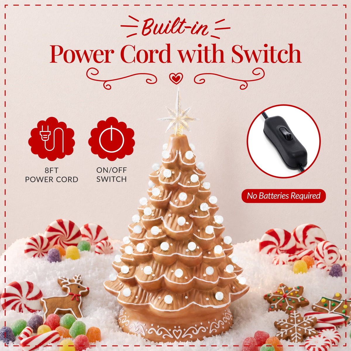 Best Choice Products 15in Ceramic Christmas Tree, Pre-lit Hand-Painted Tabletop Holiday Tree, Gingerbread Red/White/Grn