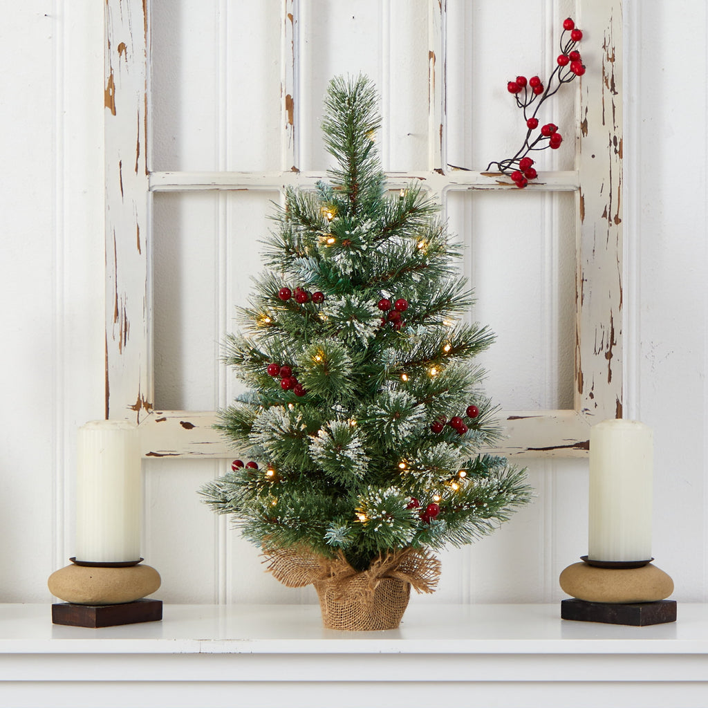 Nearly Natural 2ft. Snow Tipped Pine and Berry Artificial Christmas Tree with 35 Warm White LED Lights in Burlap Base