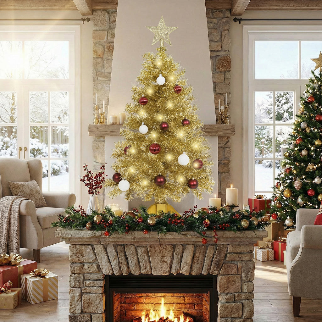 THE BRIVE Artificial Christmas Tree Champagne Includes Ornaments & Star 3ft with LED lights
