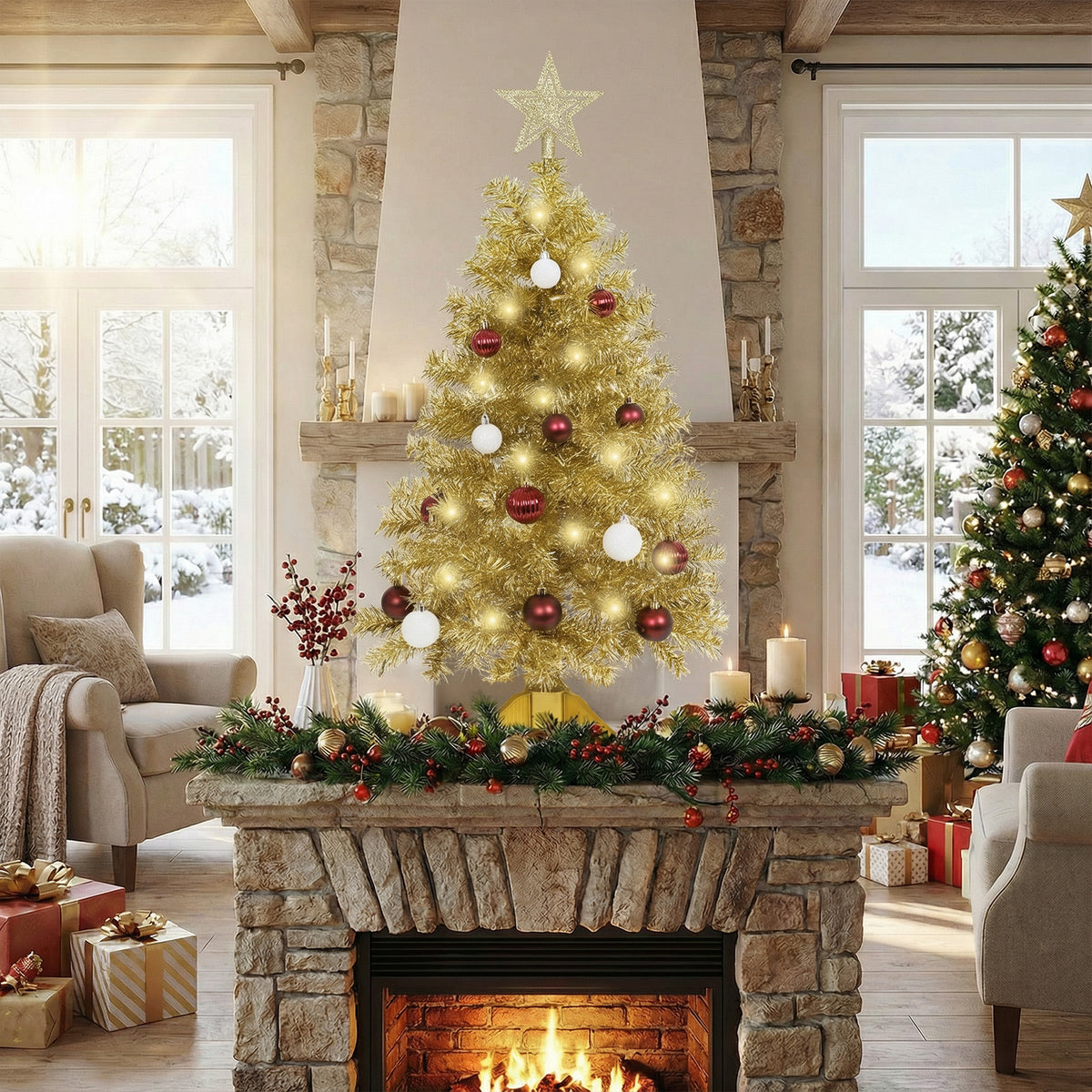 THE BRIVE Artificial Christmas Tree Champagne Includes Ornaments & Star 3ft with LED lights