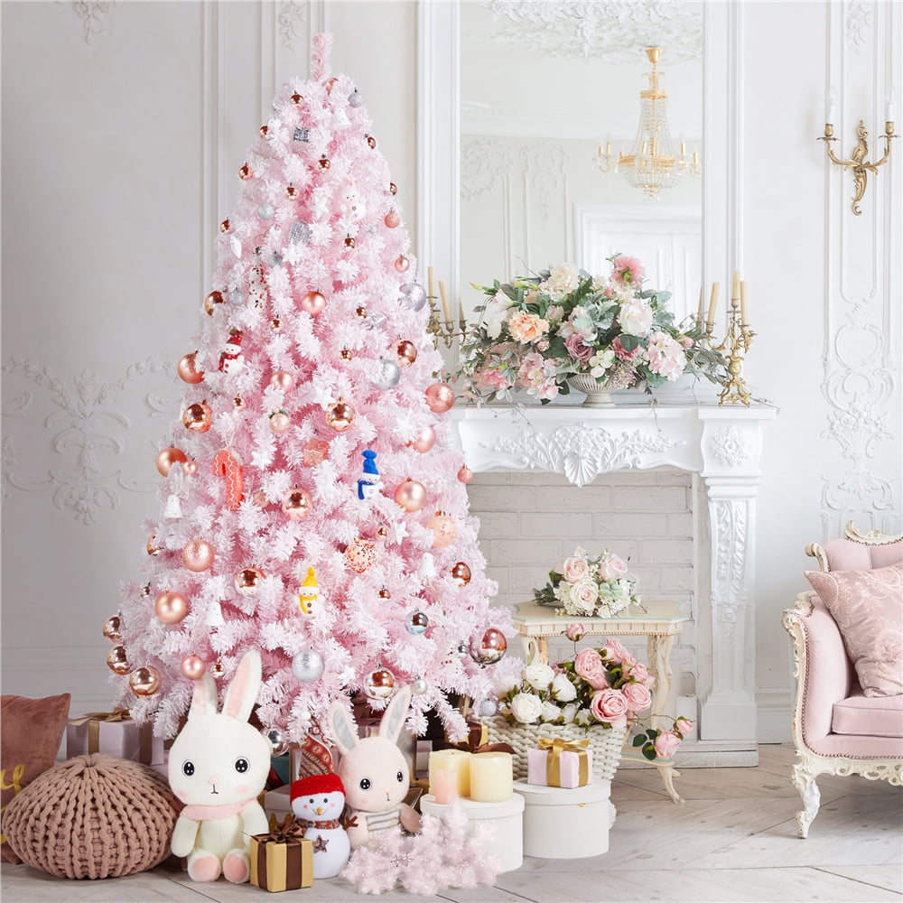 Alden Design 7.5 ft Pre-Lit Flocked Christmas Tree with Warm Lights, Frosted White