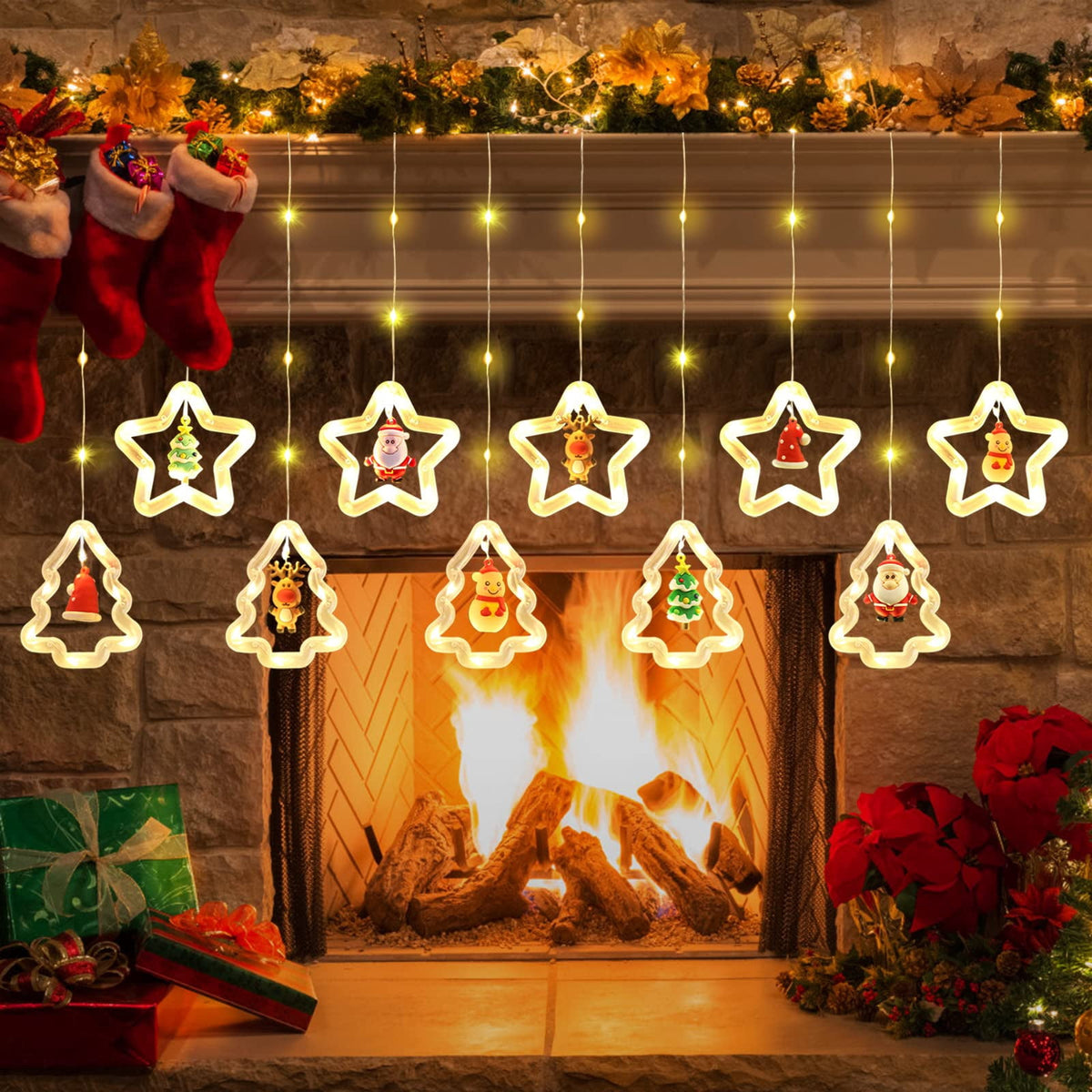 WILLED Christmas String Lights, 120 LED Window Curtain Lights with Christmas Ornaments, 9.8ft USB Powered Warm White Waterproof Fairy Lights Indoor Outdoor for Xmas Tree Patio Garden Party Home Decor