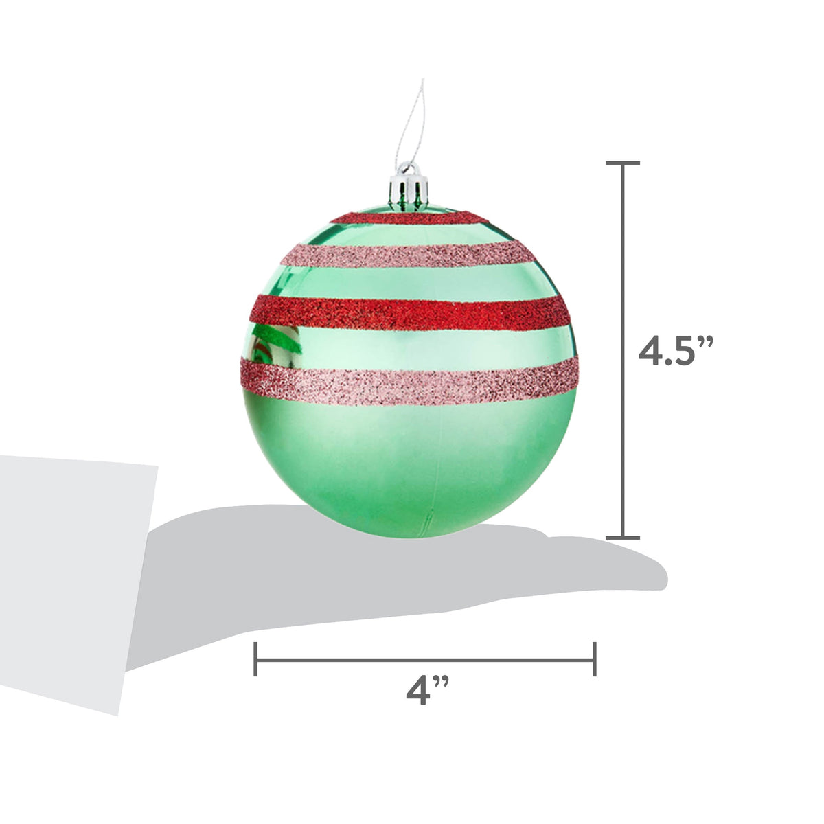 4-Count Metallic Pink and Green Glitter Stripes Ball Shatterproof Christmas Ornaments, 4.5", by Holiday Time