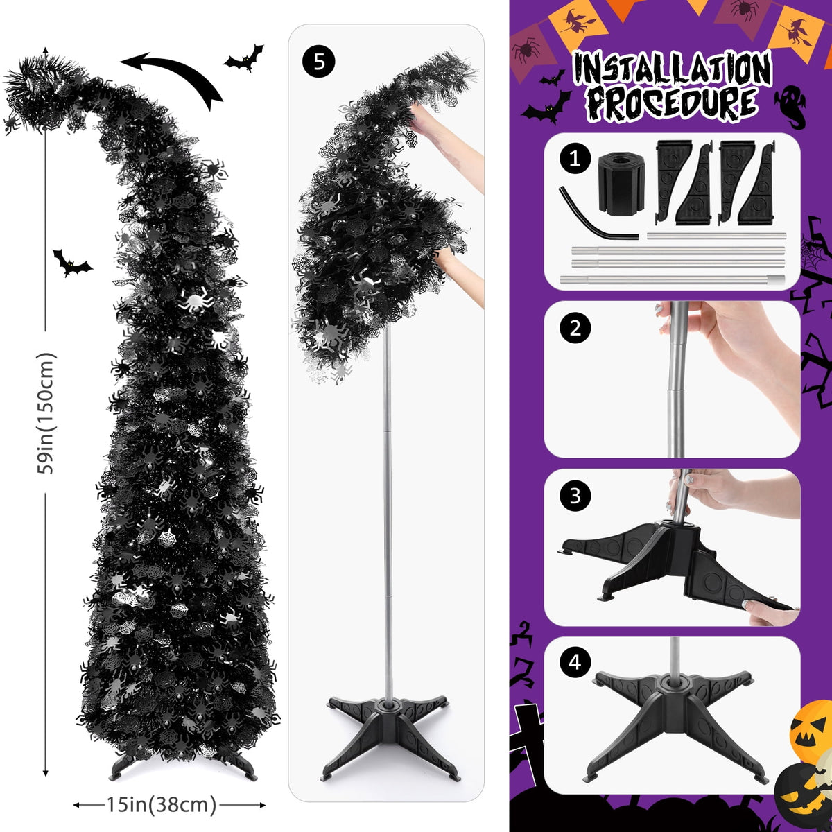 Ayieyill 5ft Halloween Tree Prelit, Pencil Pop up Tree with Light Halloween Decoration | Indoor | Black
