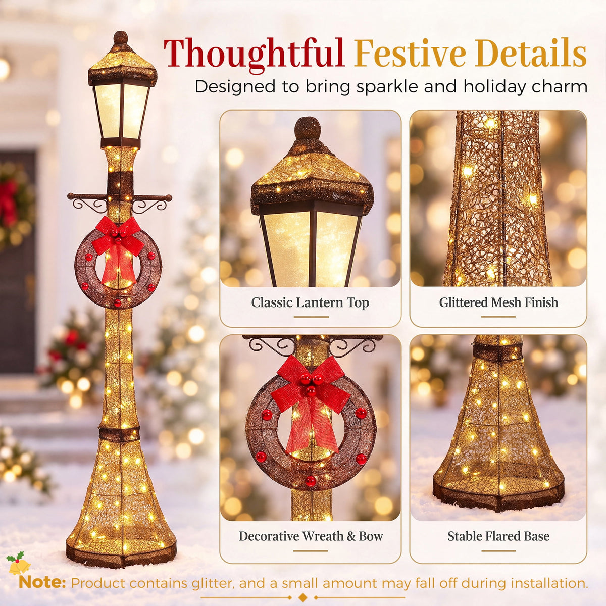 FOOWIN 6FT Christmas Lamppost Set of 2, Outdoor Christmas Lamp Post Decoration with 120 LED Lights, Holiday Porch Lamp Post Decor, Gold