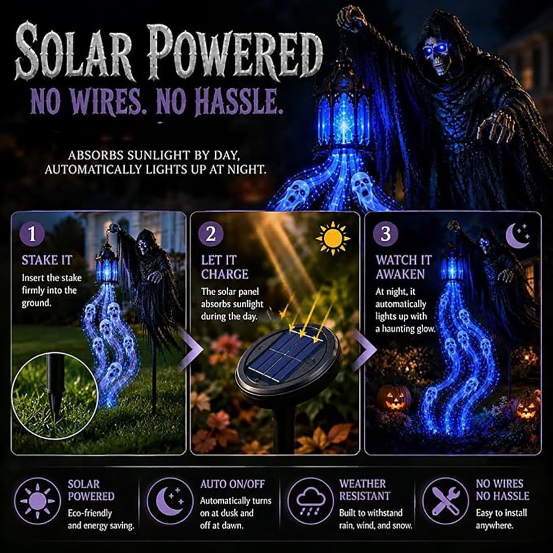 1PC Halloween Soul Harvester Iron Garden Stake Light Halloween Decor, 31.5 Inch Grim Reaper Figurine with Glowing Gothic Silhouette, Solar Powered Waterproof Outdoor Lamp for Yard and Patio